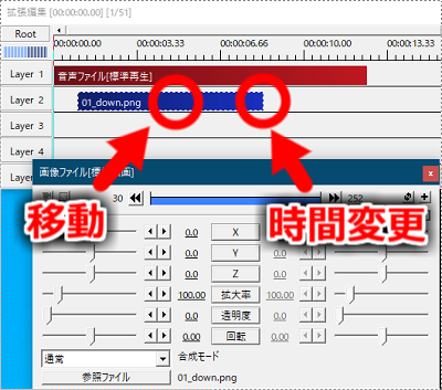 オブジェクトをドラッグすることで、移動、表示時間の変更が可能です。