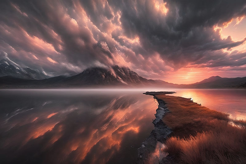 ファンタジー風な山、雲、湖の背景画像
