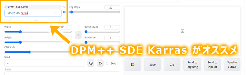 サンプラーDPM++ SDE Karrasの選択を促している