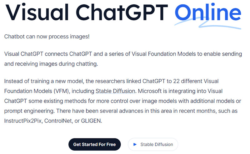Visual ChatGPTのトップページ 文字だけが並んでいる