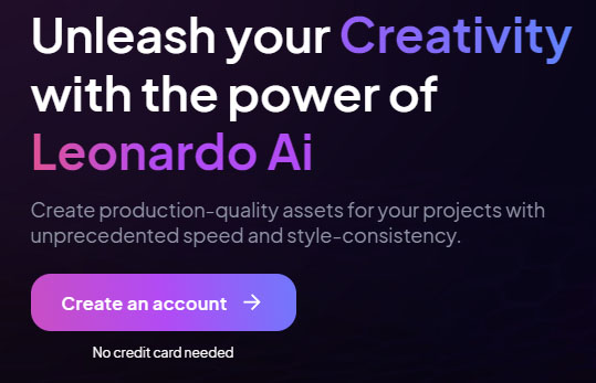 Leonardo.Aiのトップページ 説明の他、アカウント作成ボタンが表示されている