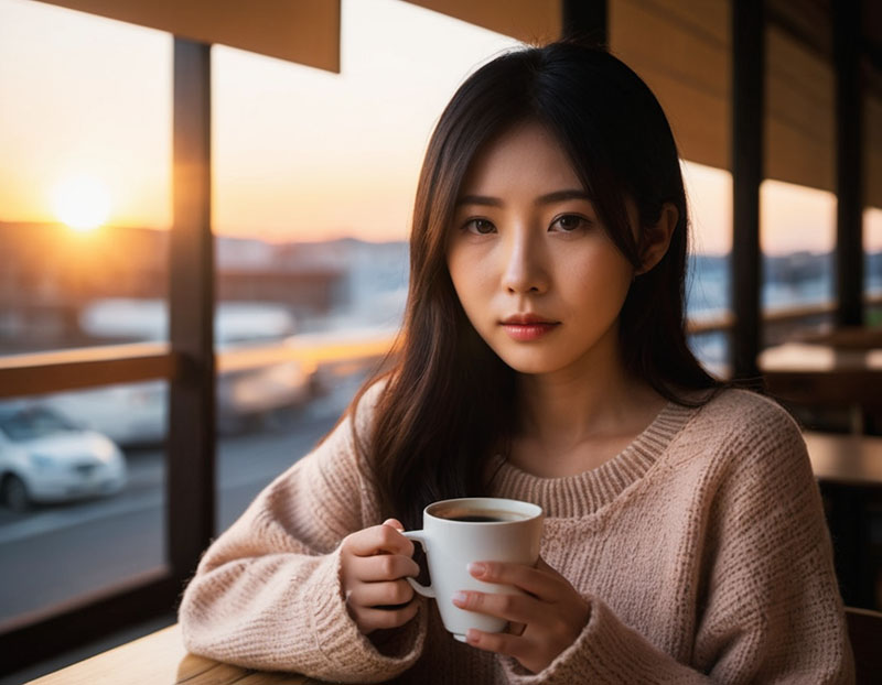 夕暮れのカフェでコーヒーを飲む女性のAI写真