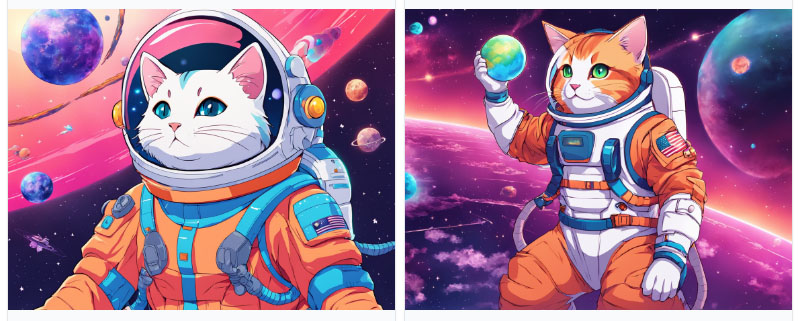 宇宙服を着た猫がアニメ調で描かれている