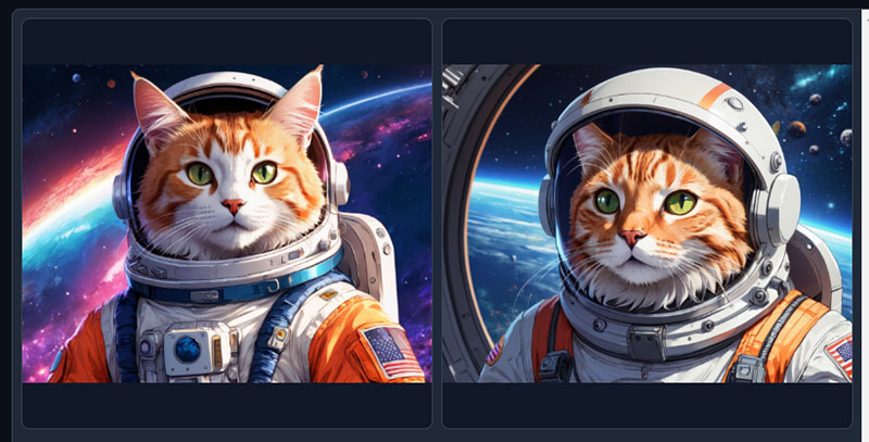アニメ調の宇宙服を着た猫のAI写真