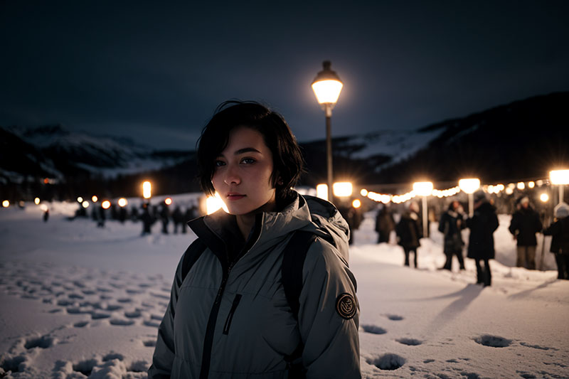 冬の夜空で外に立つ女性のAI写真