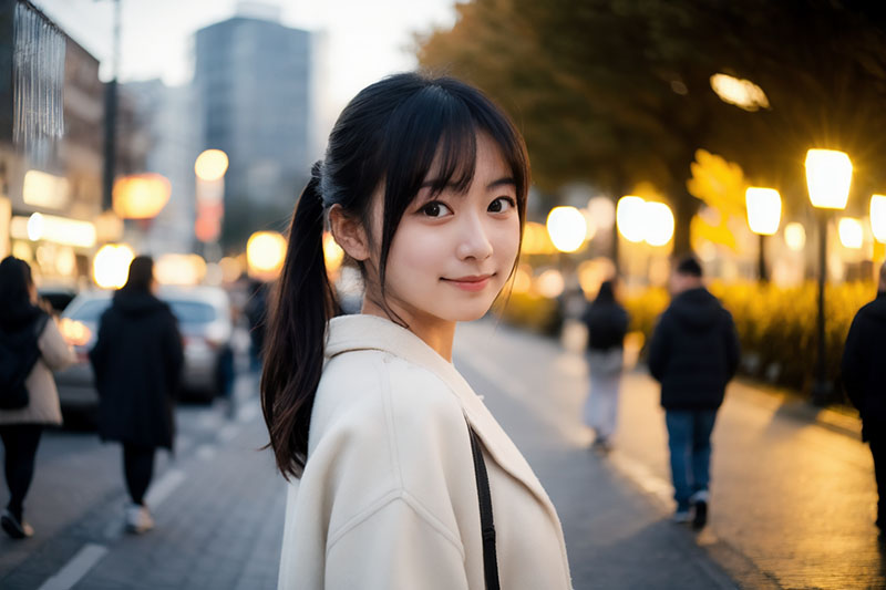 屋外で白いコートを着た日本人女性のAI写真