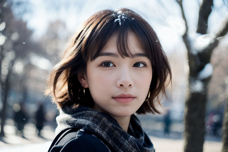 雪のなか、公園に立つ日本人女性のAI写真