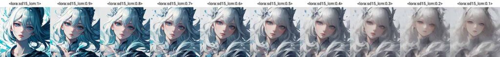 LCM-LoRAの重みを1.0～0.1で変化させた画像銀髪女性のAIイラスト