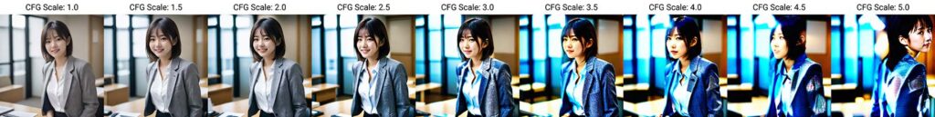 日本人女性のAIイラストがCFGスケール数別に並んでいる