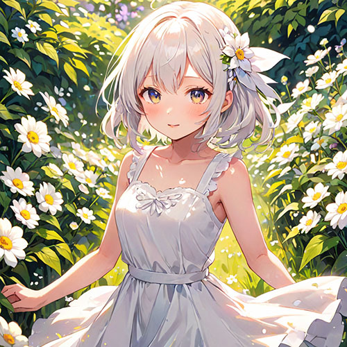 花畑で白いドレスを着た女性のAIイラスト