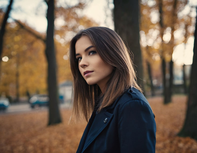秋の公園で、コートを着た女性のAI写真