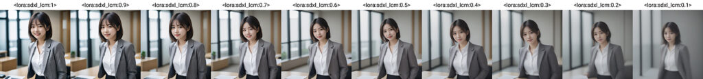 日本人女性のAIイラストがLoRAの重み別に並んでいる