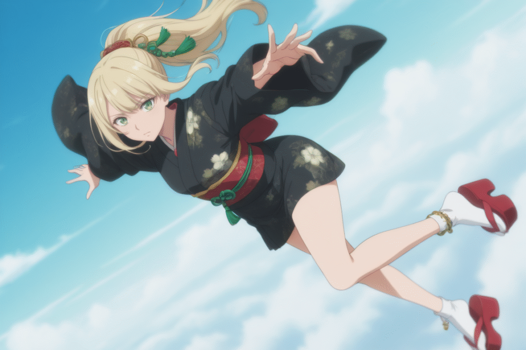 Diving-Illustriousで生成したAI画像 金髪で着物を着た女性が昼の空を飛翔している