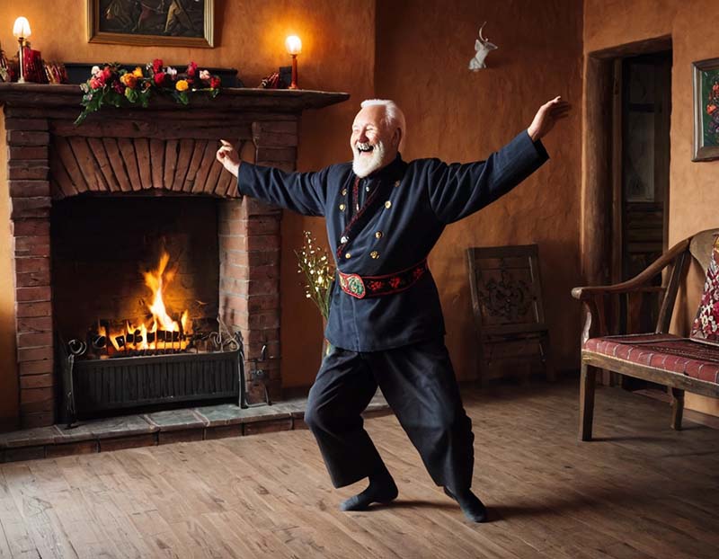 暖炉で踊るおじいさんのAI写真
