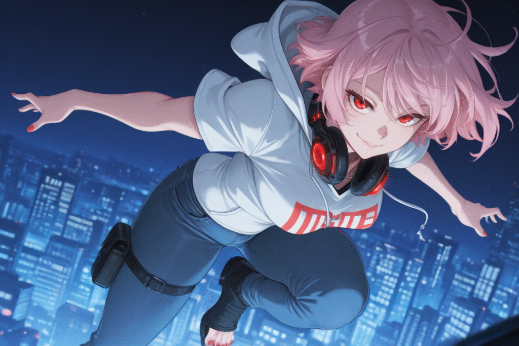 Nova Anime XLで生成したAI画像
ピンク色の髪の女性が夜の空を飛翔している