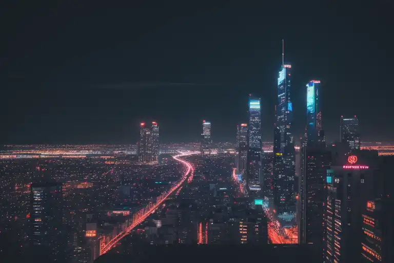 ネオンライトの光る都会のビルぐんのAI写真