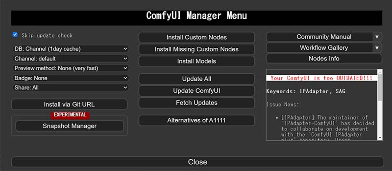 ComfyUI Managerのメニュー画面
様々なボタンが並んでいる