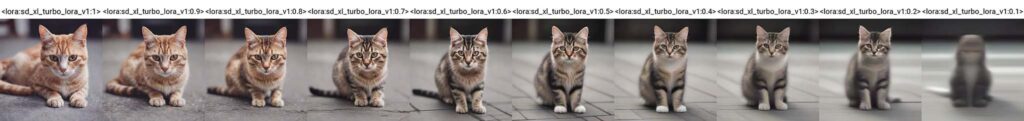 猫のAI写真がLoRAの重み毎に並んでいる