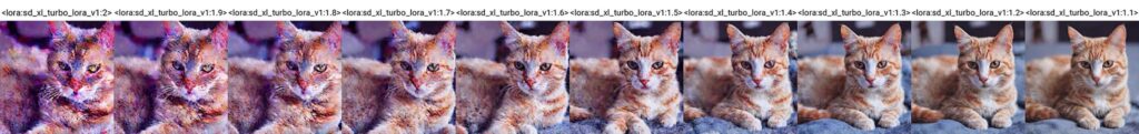 猫のAI写真がLoRAの重み毎に並んでいる