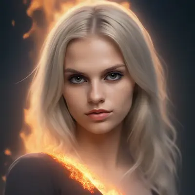 燃えた炎のエフェクトが混じったブロンドヘアー女性のAI写真