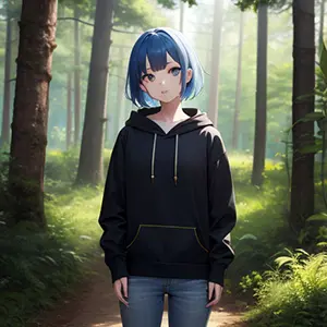 青髪、パーカーとジーンズを穿いた女性のAIイラスト
森の背景