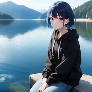 青髪、パーカーとジーンズを穿いた女性のAIイラスト
湖の背景