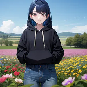 青髪、パーカーとジーンズを穿いた女性のAIイラスト
花畑の背景