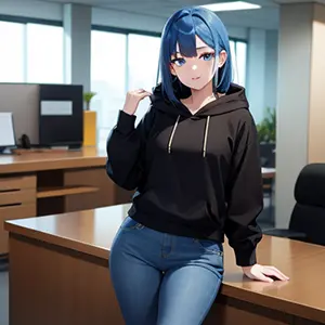 青髪、パーカーとジーンズを穿いた女性のAIオフィスの背景