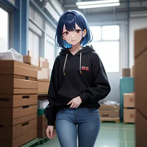 青髪、パーカーとジーンズを穿いた女性のAI工場の背景