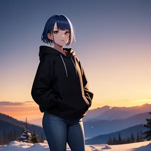 青髪、パーカーとジーンズを穿いた女性のAI日没の雪山の背景