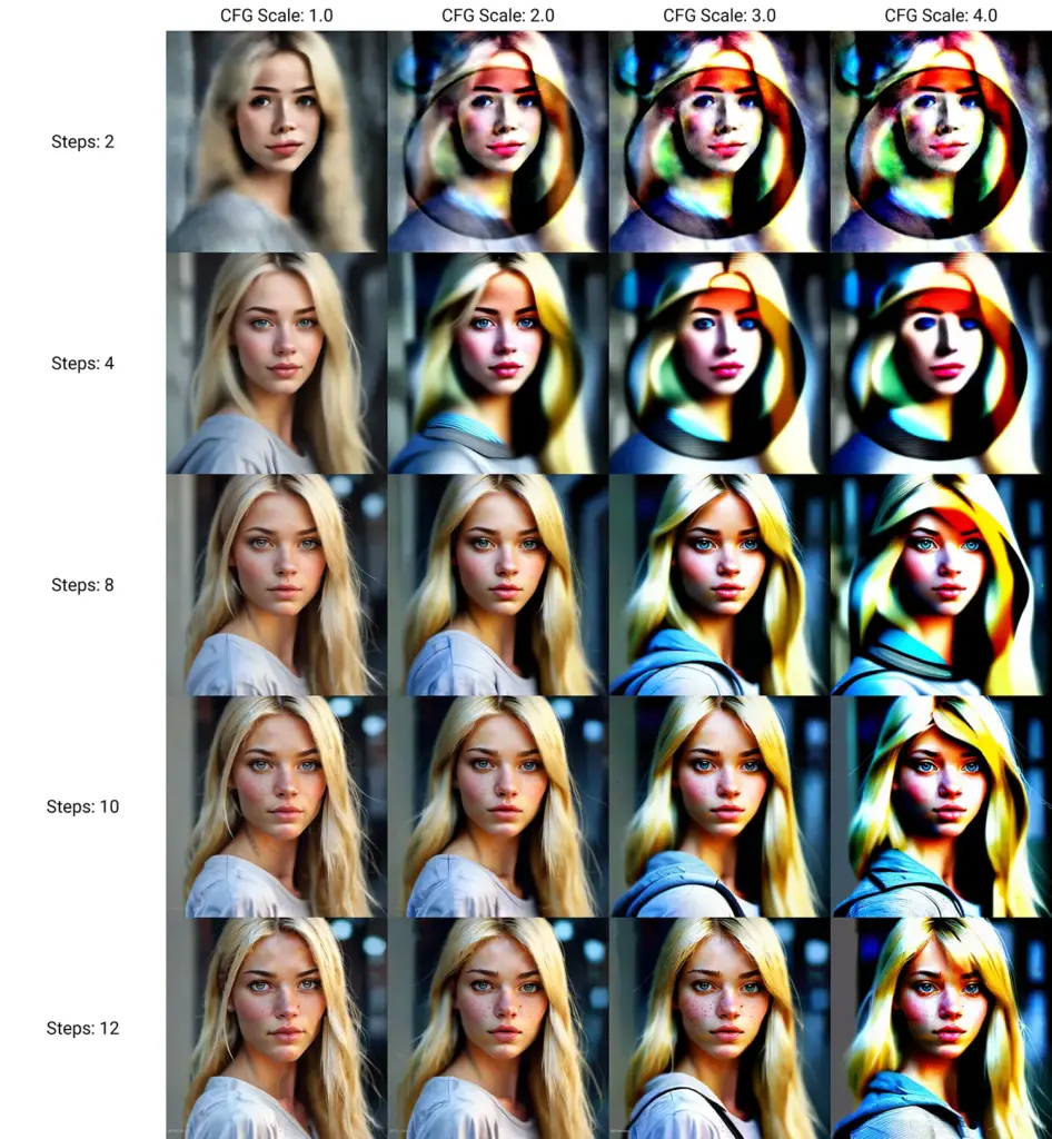 ブロンドヘアー女性のAI写真Step数とCFGスケール別に画像が並んでいる