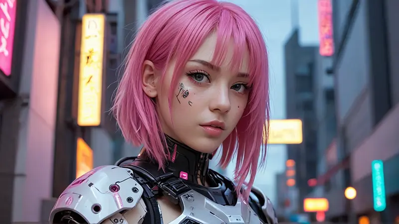近未来な鎧を着たピンク色の髪の女性のAI写真