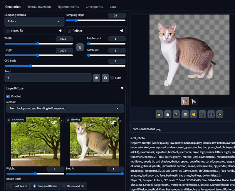 WebUI Forgeの画像生成結果
ロードした画像の猫が抜き出されている