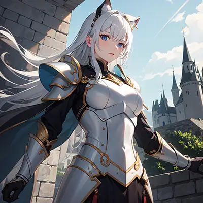 城の前で白い鎧を着た女性のAIイラスト R-ESRGAN 4x+ Anime6Bでアップスケールしている