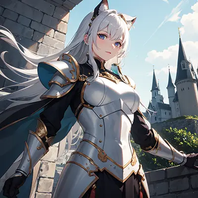 城の前で白い鎧を着た女性のAIイラスト 4x-UltraSharp でアップスケールしている