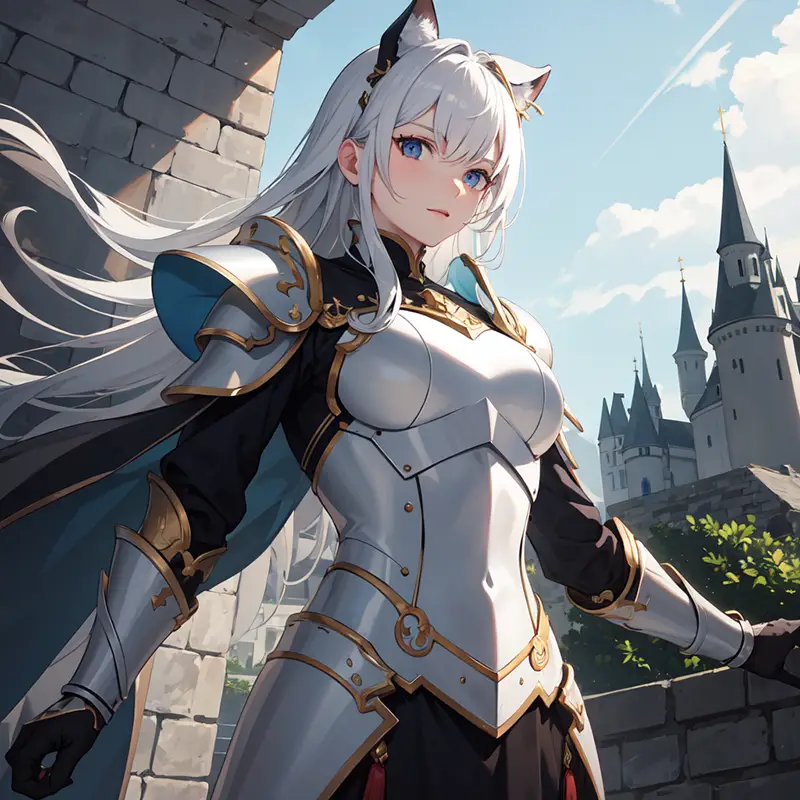 城の前で白い鎧を着た女性のAIイラスト R-ESRGAN 4x+ Anime6B でアップスケールしている