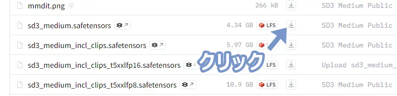 sd3_medium.safetensorsモデルのダウンロードボタンをフォーカスしている