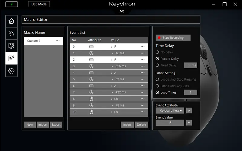 Keychron Engineの画像 Macro Editor画面を表示している