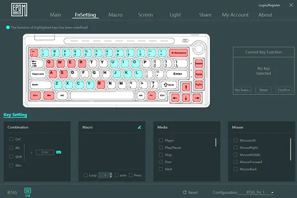 Epomaker DriverのFn Setting画面の画像
システムキーは赤色で表示され変更できない。
変更したキーは青色に変化する
