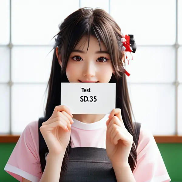 test sd3.5と書かれたカードを持った女性のAI写真 sd3.5 largeモデルで生成