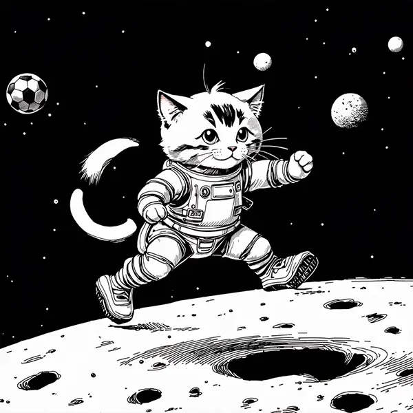 stable diffusion 3.5 mediumで生成した画像 宇宙服を着た猫が月でサッカーしているAIイラスト(漫画調)