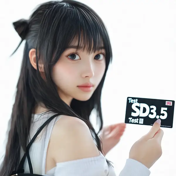 test sd3.5と書かれたカードを持った女性のAI写真 sd3.5 large fp8モデルで生成