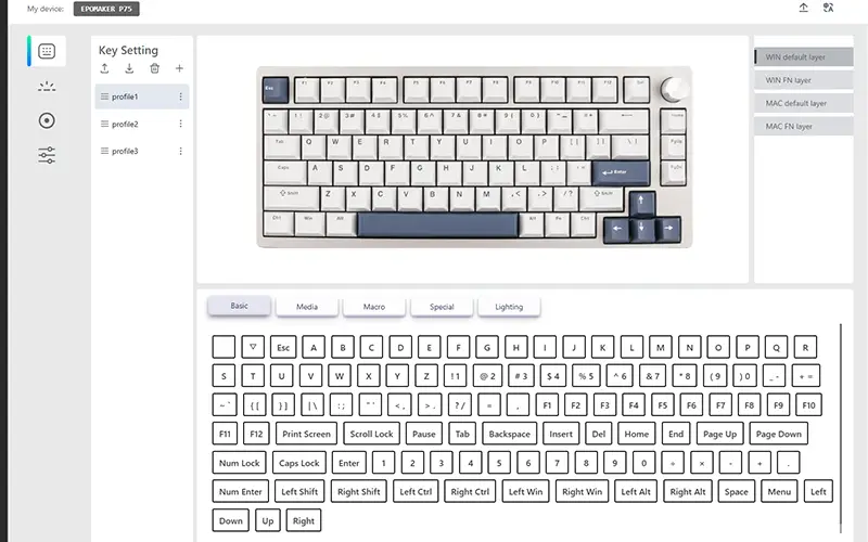 P75キーボードカスタマイズ画面 Key Setting画面を表示している