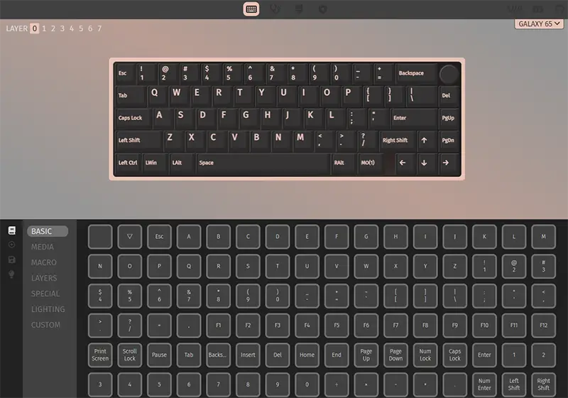 Epomaker Galaxy65をVIAに接続した状態 キーレイアウト、キーマップ変更画面が表示されている