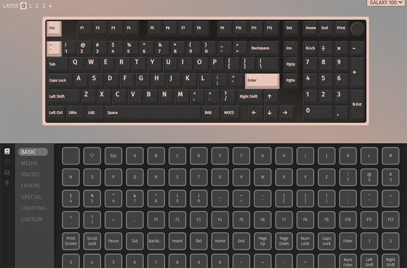 Epomaker Galaxy100をVIAに接続した画像 キーレイアウトが表示されている