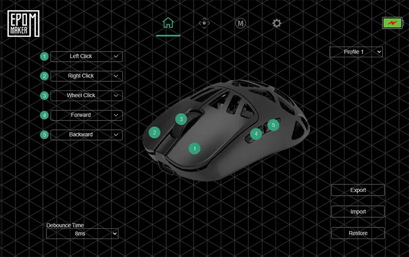Epomaker Carbon XマウスをControl HUBでボタンカスタマイズしている画像