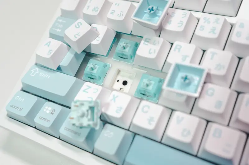 Epomaker TH87 JISのキーキャップ、キースイッチを外した状態の写真